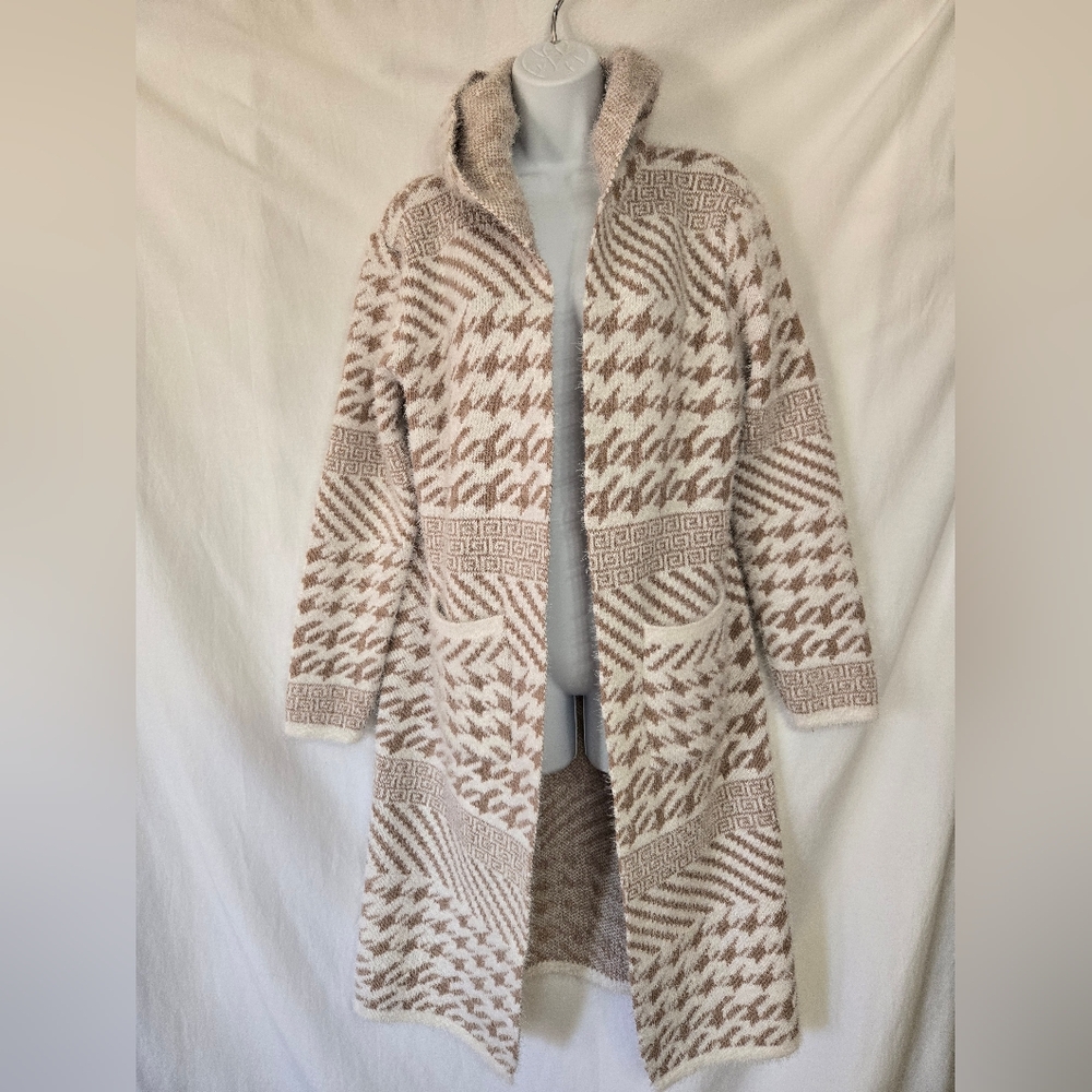 ZEVA Cream/Brown Patterned Heavy Hooded  Open Front Long Sweater
